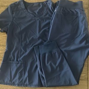 Navy blue scrubs, short sleeve top and pants size large